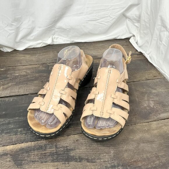 Clarks Collection Beige Patent Leather Lexi Marigold Wedge Open Toe Sandals 11W - Picture 2 of 10